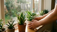 Person caring for small potted houseplants on sunny windowsill, tending to green succulents and tropical plants in terracotta pots for indoor gardening hobby.