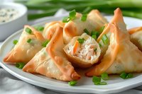 Crispy crab rangoon appetizers with cream cheese filling garnished with fresh green onions on white plate, close up view of Asian fusion cuisine.