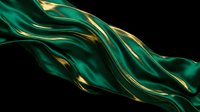 Flowing emerald and gold silk fabric waves against black background, creating luxurious abstract motion. Suitable for luxury branding, backgrounds, and premium design projects.