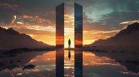 Silhouette of person standing between mirrored surfaces reflecting dramatic sunset sky and mountain landscape, with water reflection creating symmetrical composition.