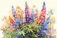 Colorful lupine flowers in watercolor style with soft orange and purple hues against cream background, featuring delicate botanical details and artistic brushstrokes.