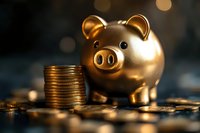 Golden piggy bank next to stack of coins on dark background with bokeh lights, representing savings, investment and financial planning concept.