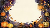 Halloween frame with carved pumpkins, bats, autumn leaves and spooky decorations on cream background for seasonal design projects.