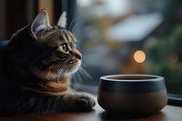 Contemplative tabby cat resting near ceramic coffee cup by window with soft bokeh lights in background, creating cozy morning atmosphere.