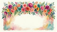 Watercolor floral arch with roses, peonies, and greenery in pink, coral, yellow, and teal tones on cream background. Perfect for invitations and designs.