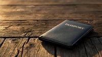 Black leather passport cover on rustic wooden table surface for travel documentation and international journey preparation.