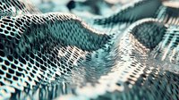 Abstract wavy mesh pattern in turquoise and silver tones creates dynamic flowing surface with metallic grid texture and rippling movement effect.