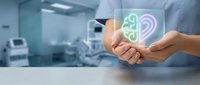 Healthcare professional holding digital brain and ear icons representing medical technology and neurological auditory care in modern hospital setting.
