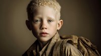 Young albino African child with curly blonde hair wearing earth-tone clothing against warm brown background for diversity and inclusion campaigns.