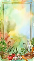 Watercolor cooking frame with fresh vegetables, herbs, kitchen utensils, and gold border on soft pastel background. Isolated design for recipe cards, menus, culinary blogs.