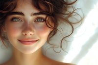 Young Caucasian woman with natural freckles, curly brown hair and green eyes smiling warmly. Soft natural lighting creates gentle shadows highlighting fresh glowing skin.