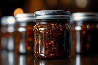 Glass jar filled with spicy chili oil condiment showing red pepper flakes and herbs suspended in golden liquid against dark background with bokeh lights.