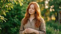 Young redhead woman with closed eyes in peaceful meditation pose outdoors in natural green park setting during golden hour sunlight for wellness and mindfulness concepts.