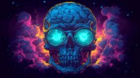 Glowing blue skull with luminous round glasses against cosmic purple background with vibrant smoke effects and stars, creating mystical dark atmosphere.
