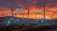 Renewable energy landscape with wind turbines and solar panels at sunset showcasing smart grid technology and sustainable power solutions for future.