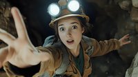Young Asian female explorer in mining helmet with headlamps reaches forward while spelunking in dark cave, expressing wonder and excitement during underground adventure.