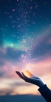 Magical glowing butterfly transforms into sparkling stardust rising into dreamy twilight sky as silhouetted hand reaches up during sunset.