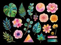 Watercolor botanical clipart set with flowers, tropical leaves, and decorative elements, isolated on transparent background. Ready for stickers, t-shirt design, and print on demand.