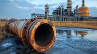 Abandoned industrial pipeline with rusty metal texture in foreground and power plant facility silhouette at dusk, reflecting in water puddles. Environmental concept.