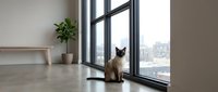 Siamese cat sitting by large window in modern minimalist apartment with city view, natural light creating peaceful indoor atmosphere for home decor concepts.