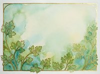 Watercolor botanical frame with green foliage and soft blue-green wash background, isolated on white. Ideal for invitations, greeting cards, and design projects.