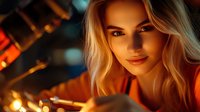 Young blonde woman smiling at camera in warm evening lighting with blurred city lights background, creating intimate atmospheric portrait with soft bokeh effect.