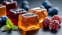 Colorful fruit jelly cubes with fresh raspberries, blueberries and mint leaves on dark background, selective focus macro shot with water drops.