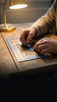 Senior hands assembling jigsaw puzzle pieces on wooden table under warm desk lamp light creating cozy evening atmosphere for cognitive activity and relaxation.