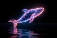 Glowing neon whale silhouette with constellation effect reflecting on dark water surface, blue and pink luminous lines forming marine mammal shape.