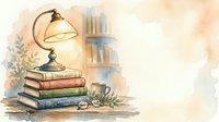Vintage desk lamp illuminating stacked books with reading glasses and botanical elements, watercolor style illustration for educational, library, and literary design projects.