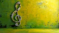 Musical treble clef symbol on textured green and yellow abstract background with grunge elements and artistic brushstrokes creates modern wall decor composition.
