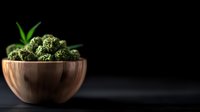 Fresh cannabis buds with crystalized trichomes in wooden bowl against dark background, selective focus with copy space for dispensary marketing.