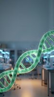 Green DNA double helix structure floating in modern laboratory with scientific equipment and glowing particles for genetics research and biotechnology.
