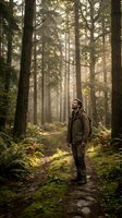 Young Caucasian male hiker standing on forest trail looking up at sunbeams filtering through tall trees in misty woodland atmosphere for outdoor adventure concepts.