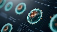 Microscopic view of glowing virus cell structure in turquoise and orange colors on dark background with digital interface elements, suitable for medical visualization.