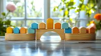 Colorful wooden toy blocks arranged in rainbow bridge shape on wooden table near window with natural light and green plants, modern minimalist design.