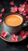Creamy coffee in rustic ceramic cup decorated with pink cherry blossoms on dark background. Romantic spring mood with delicate flowers and fresh morning beverage.