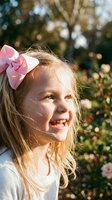 Happy blonde girl with pink bow smiling outdoors in natural sunlight with blurred garden background for family lifestyle photography.