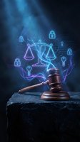 Wooden gavel with glowing neon scales of justice, padlock and key icons on dark blue background, representing legal technology, cybersecurity law and digital justice concepts.