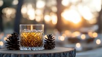 Cozy winter scene with a glowing candle in a crystal glass, pine cones on a wooden slice, warm bokeh lights at sunset.