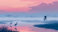 Tranquil misty wetland at dawn with silhouettes of herons standing in water, observation tower in distance, and pink-purple sky reflecting on calm surface.