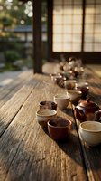 Traditional ceramic tea cups and teapots arranged on rustic wooden table in serene Japanese-style room with natural lighting for mindful tea ceremony experience.