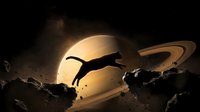Astronaut silhouette floating in space near Saturn with dramatic lighting and cosmic dust clouds creating cinematic sci-fi atmosphere for space exploration themes.