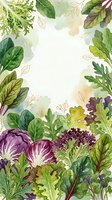 Watercolor illustration of fresh salad greens and purple cabbage arranged in a decorative border frame with negative space, suitable for recipe cards, menus, and culinary design projects.