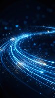 Glowing blue light trails and particles flow in curved waves across dark background, representing digital data transmission, technology innovation, and high-speed connectivity for tech concepts.
