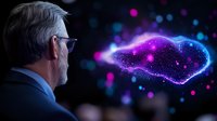 Senior Caucasian businessman in suit observing glowing purple and blue cloud formation with particle effects against dark background, representing digital transformation.