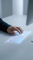 Businessman typing on futuristic holographic keyboard with glowing interface in modern office environment for technology and innovation concepts.