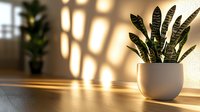 Snake plant in white ceramic pot on wooden surface with warm sunlight creating shadows on textured wall in modern minimalist interior design setting.
