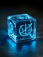 Glowing blue mystical symbols on transparent glass cube against dark background, creating ethereal magical atmosphere with neon-like illumination and reflective surface.
