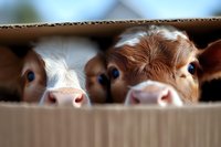 Curious brown and white calves peeking through wooden fence slats, close-up view of young cattle faces with bright blue eyes and pink noses showing playful farm animal behavior.